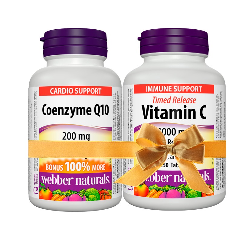 ПРОМО ПАКЕТ 22 Коензим Q10 200 mg x 60 софтгел капсули + подарък Витамин C 1000 mg + шипка x 150 таблетки, с удължено освобождаване Webber Naturals